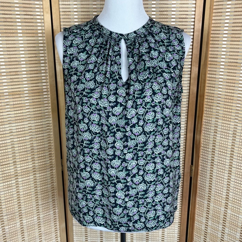Rebecca Taylor Silk Floral Keyhole Slate Blue Shell Top